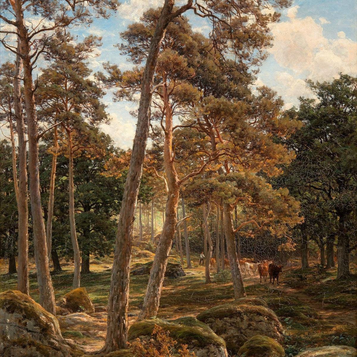 Sunlit Pine Forest with Cattle – Hand - Painted Landscape Oil Painting - Oil Painting Haven