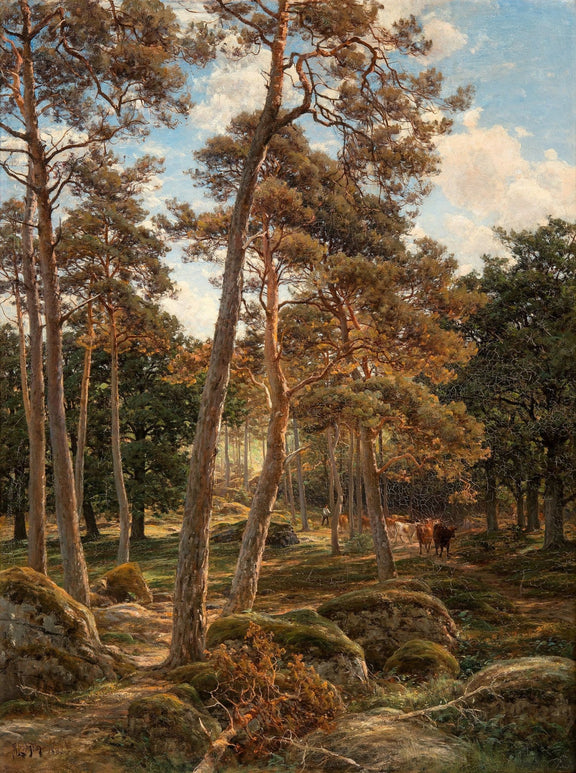 Sunlit Pine Forest with Cattle – Hand - Painted Landscape Oil Painting - Oil Painting Haven
