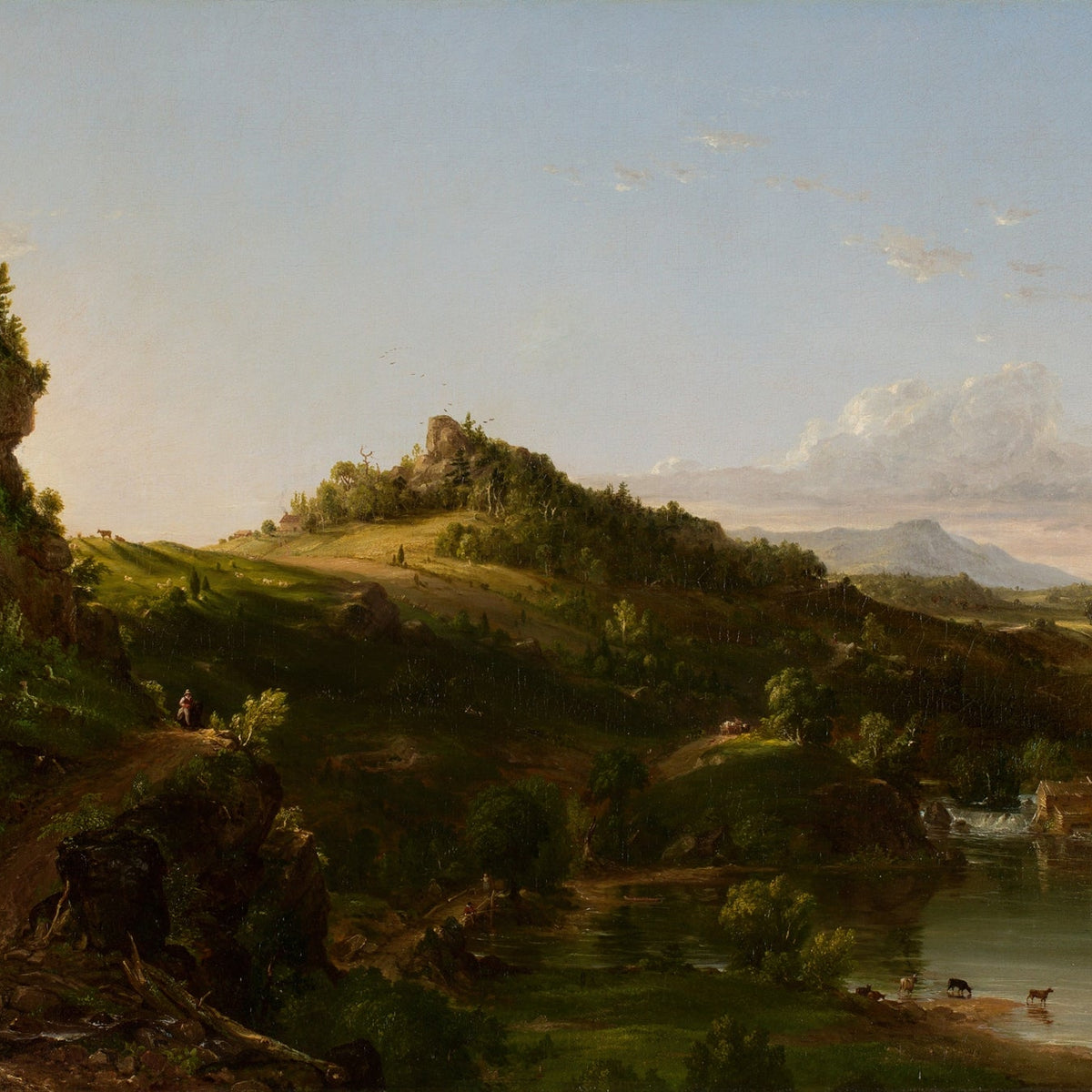 Hand-painted sunlit river valley and rolling hills landscape oil painting on canvas