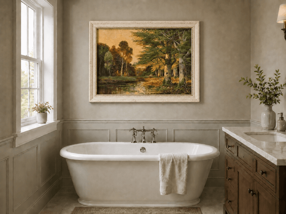 Framed hand-painted riverside grove oil painting with sunlit trees reflected at sunset displayed above a freestanding bathtub.