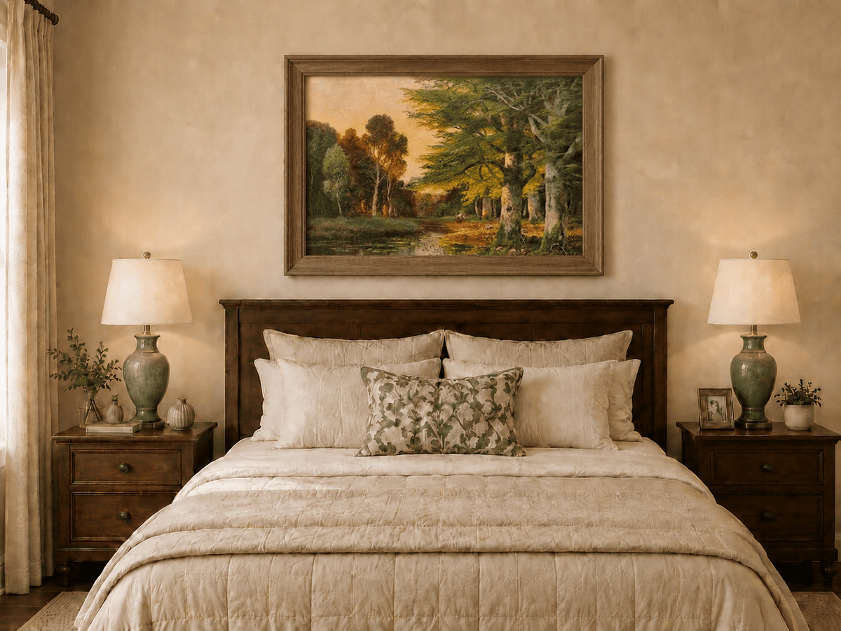Framed hand-painted riverside grove oil painting with sunlit trees reflected at sunset displayed above a wooden bed in a neutral bedroom.