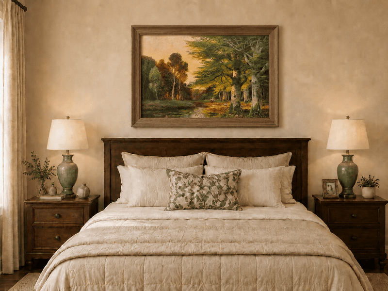 Framed hand-painted riverside grove oil painting with sunlit trees reflected at sunset displayed above a wooden bed in a neutral bedroom.
