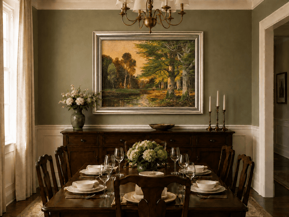 Framed hand-painted riverside grove oil painting with sunlit trees reflected at sunset displayed above a formal dining table.