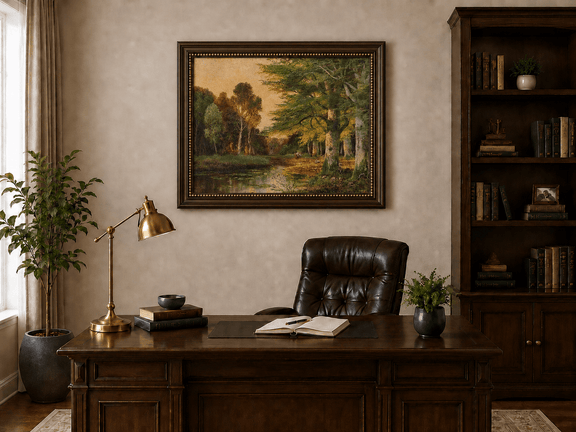 Framed hand-painted riverside grove oil painting with sunlit trees reflected at sunset displayed above a traditional home office desk.