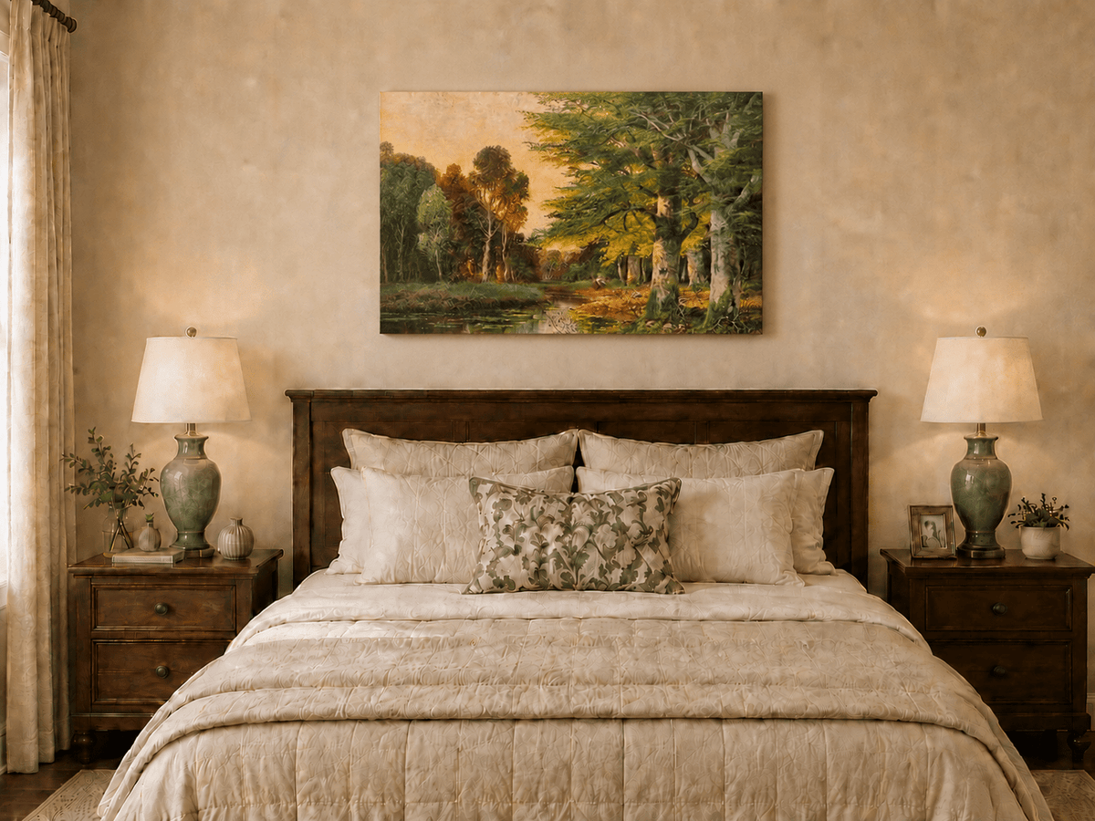 Unframed hand-painted riverside grove oil painting with sunlit trees reflected at sunset displayed above a wooden bed in a neutral bedroom.