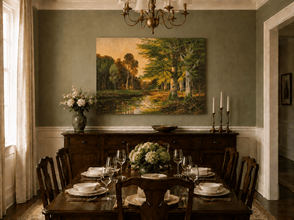 Unframed hand-painted riverside grove oil painting with sunlit trees reflected at sunset displayed above a formal dining table.