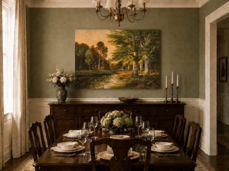 Unframed hand-painted riverside grove oil painting with sunlit trees reflected at sunset displayed above a formal dining table.