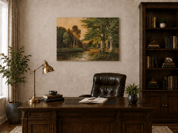 Unframed hand-painted riverside grove oil painting with sunlit trees reflected at sunset displayed above a traditional home office desk.