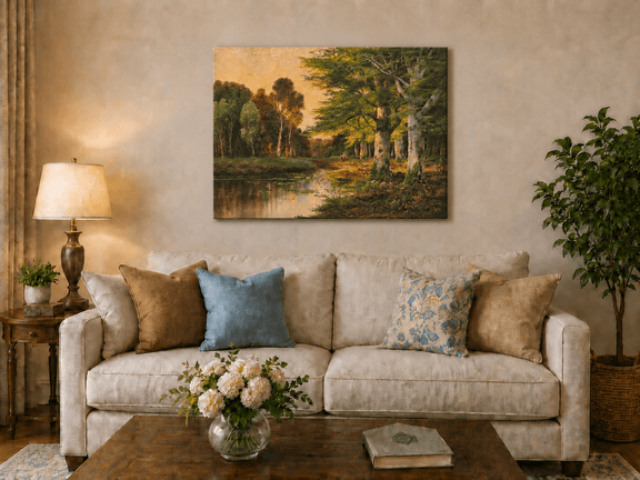 Unframed hand-painted riverside grove oil painting with sunlit trees reflected at sunset displayed above a neutral living room sofa.
