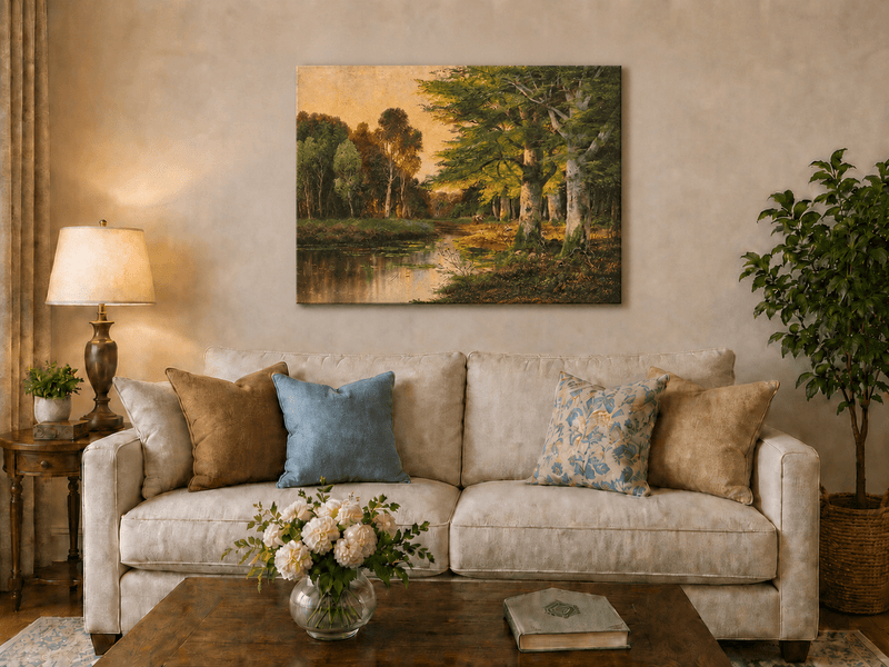 Unframed hand-painted riverside grove oil painting with sunlit trees reflected at sunset displayed above a neutral living room sofa.