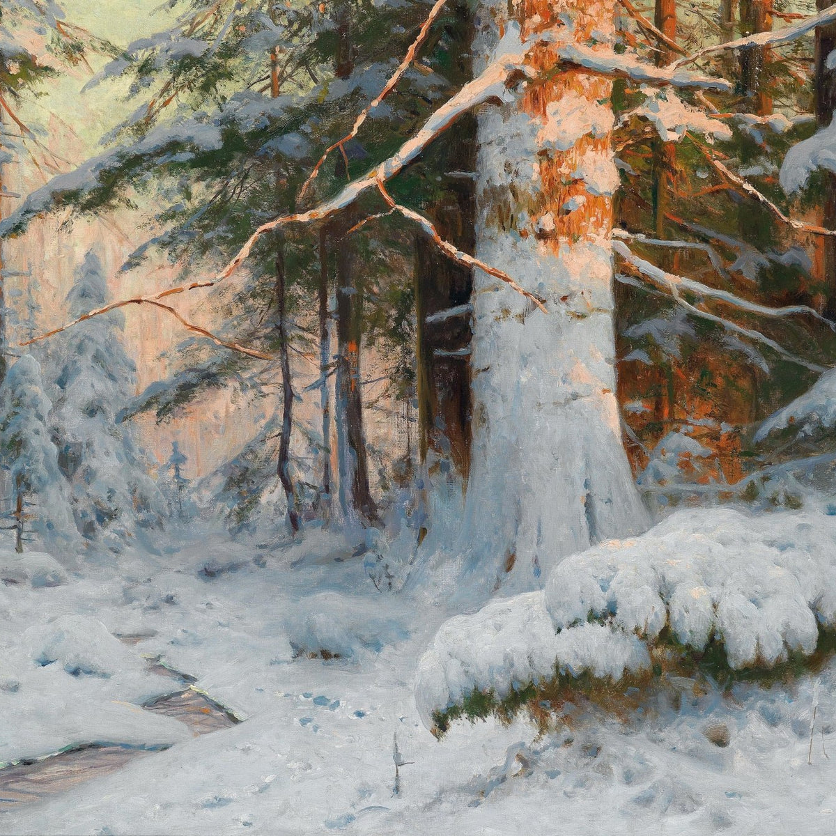 Sunlit Snow Forest with Winter Path - Landscape Oil Painting - Oil Painting Haven