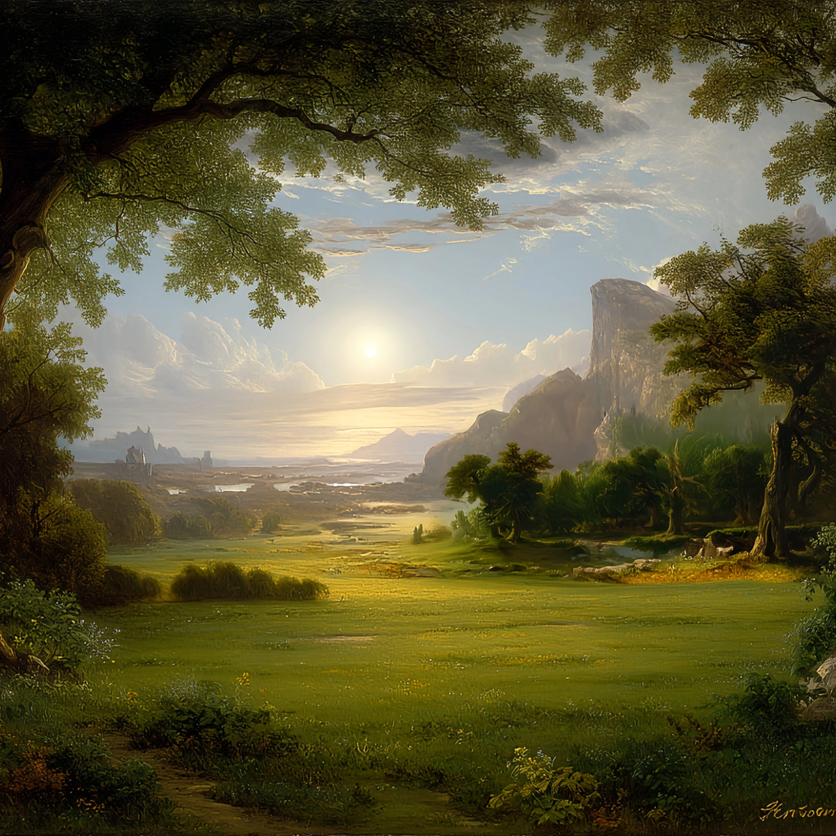 Sunlit Valley Castle Original Oil Painting For Sale | Landscape - Oil Painting Haven