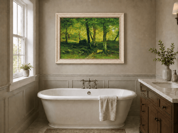 Framed hand-painted sunlit woodland path oil painting with figures beneath leafy trees displayed above a freestanding bathtub.