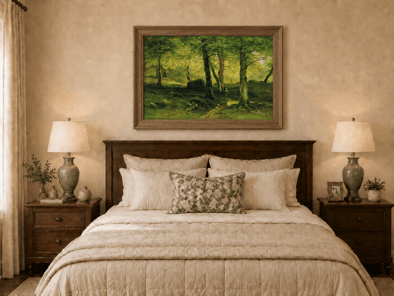 Framed hand-painted sunlit woodland path oil painting with figures beneath leafy trees displayed above a wooden bed in a neutral bedroom.