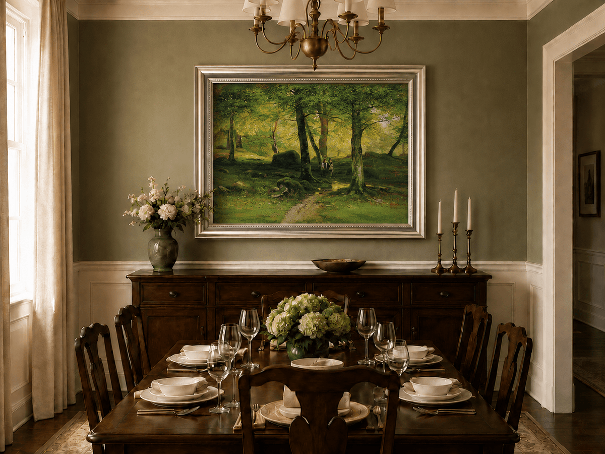 Framed hand-painted sunlit woodland path oil painting with figures beneath leafy trees displayed above a formal dining table.