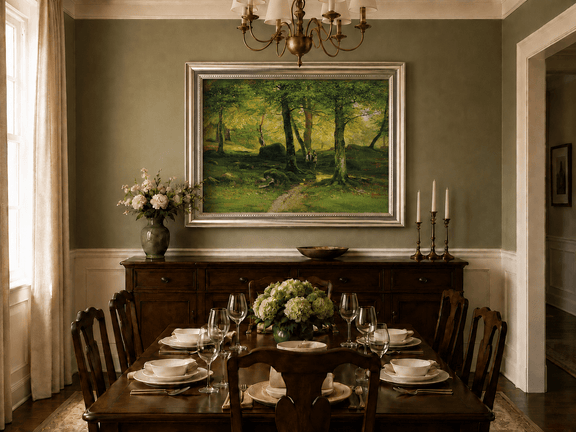 Framed hand-painted sunlit woodland path oil painting with figures beneath leafy trees displayed above a formal dining table.