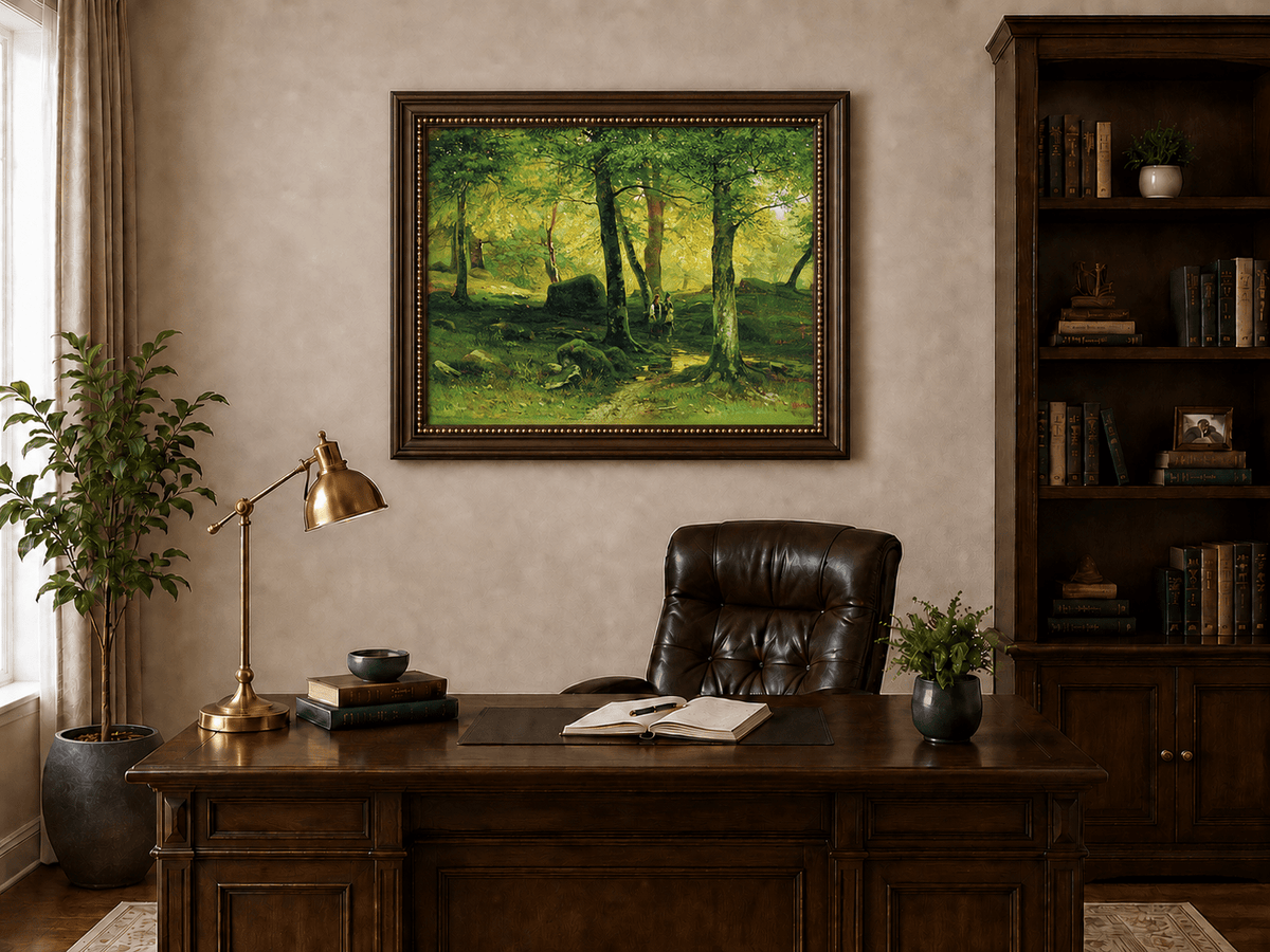 Framed hand-painted sunlit woodland path oil painting with figures beneath leafy trees displayed above a traditional home office desk.