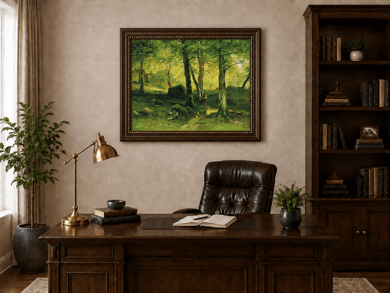 Framed hand-painted sunlit woodland path oil painting with figures beneath leafy trees displayed above a traditional home office desk.