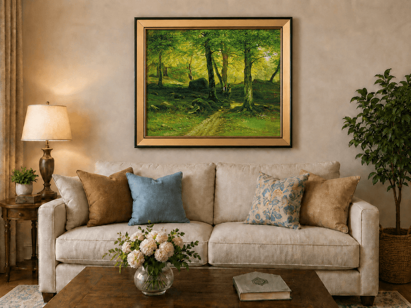 Framed hand-painted sunlit woodland path oil painting with figures beneath leafy trees displayed above a neutral living room sofa.