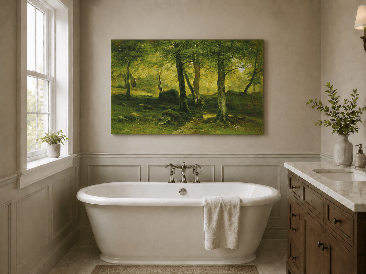 Unframed hand-painted sunlit woodland path oil painting with figures beneath leafy trees displayed above a freestanding bathtub.