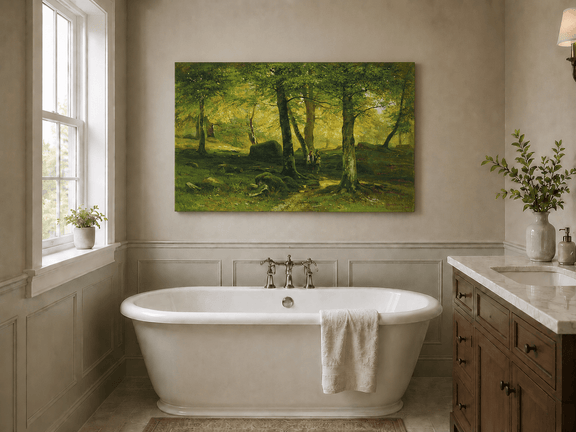 Unframed hand-painted sunlit woodland path oil painting with figures beneath leafy trees displayed above a freestanding bathtub.