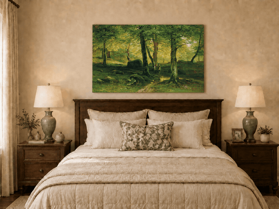 Unframed hand-painted sunlit woodland path oil painting with figures beneath leafy trees displayed above a wooden bed in a neutral bedroom.