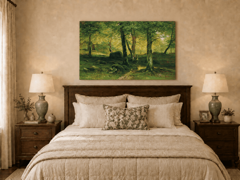 Unframed hand-painted sunlit woodland path oil painting with figures beneath leafy trees displayed above a wooden bed in a neutral bedroom.