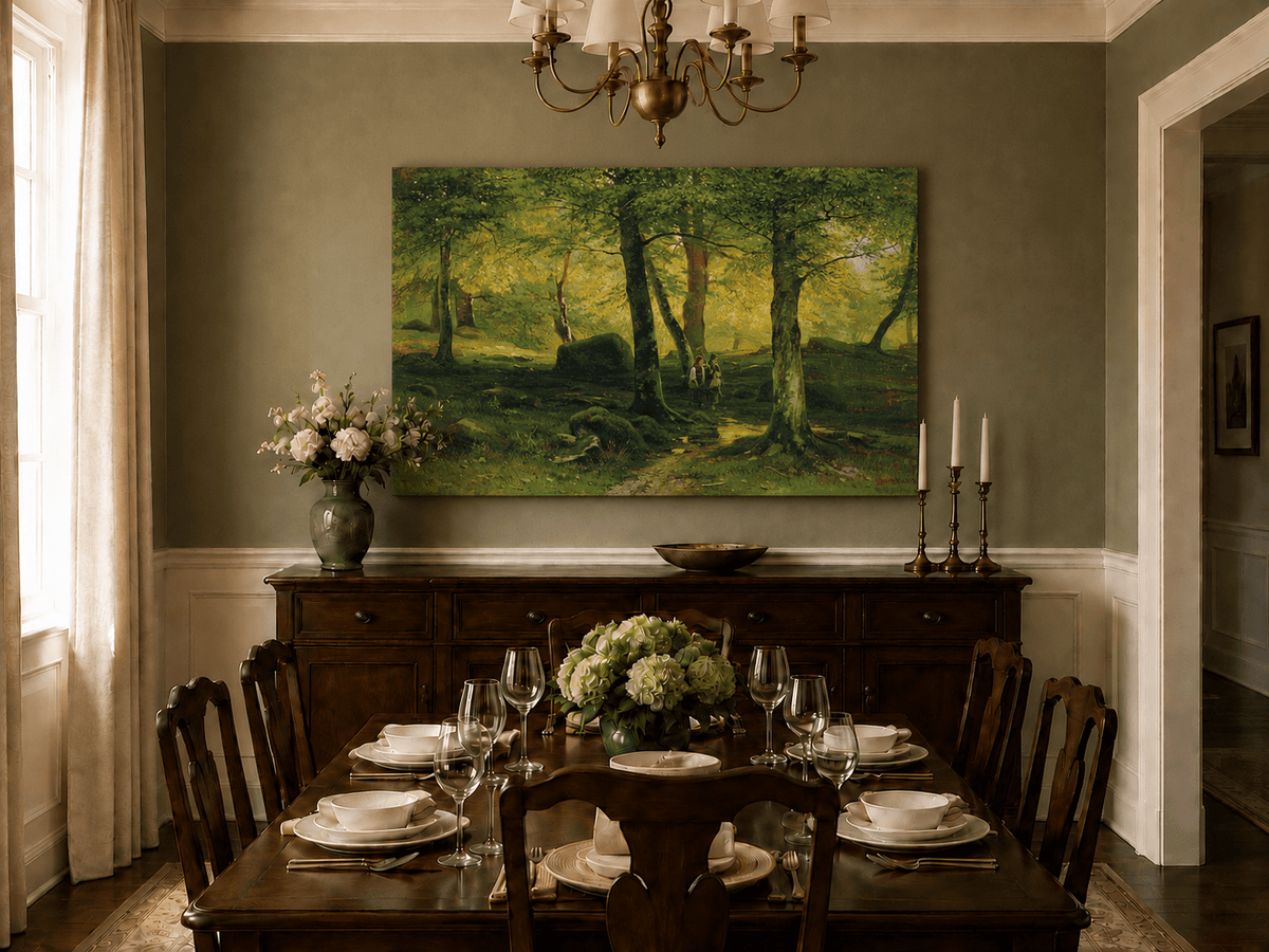 Unframed hand-painted sunlit woodland path oil painting with figures beneath leafy trees displayed above a formal dining table.