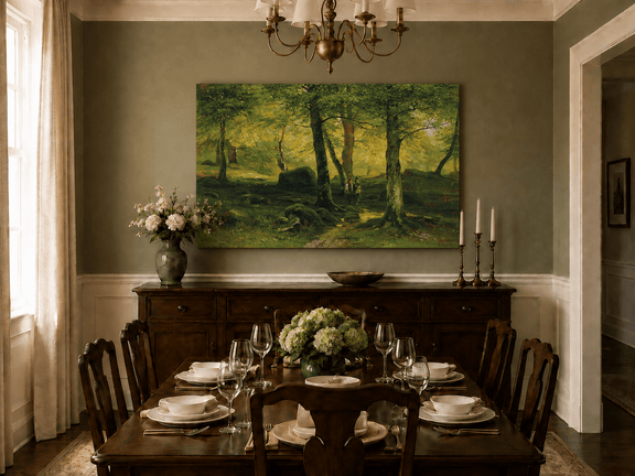 Unframed hand-painted sunlit woodland path oil painting with figures beneath leafy trees displayed above a formal dining table.