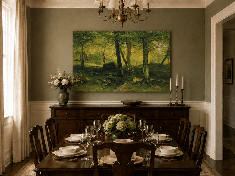 Unframed hand-painted sunlit woodland path oil painting with figures beneath leafy trees displayed above a formal dining table.