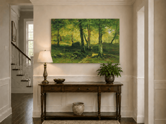 Unframed hand-painted sunlit woodland path oil painting with figures beneath leafy trees displayed above an entryway console table.