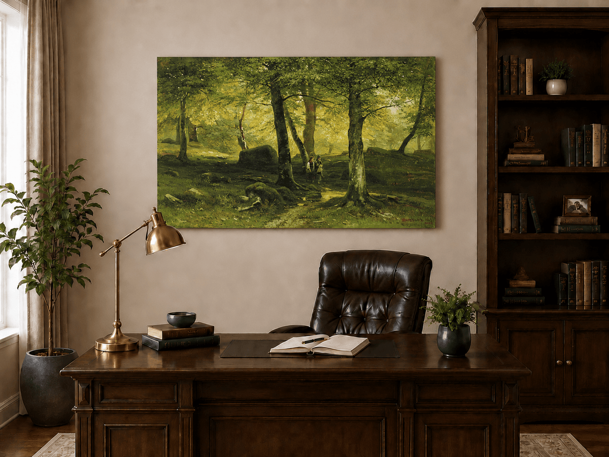 Unframed hand-painted sunlit woodland path oil painting with figures beneath leafy trees displayed above a traditional home office desk.