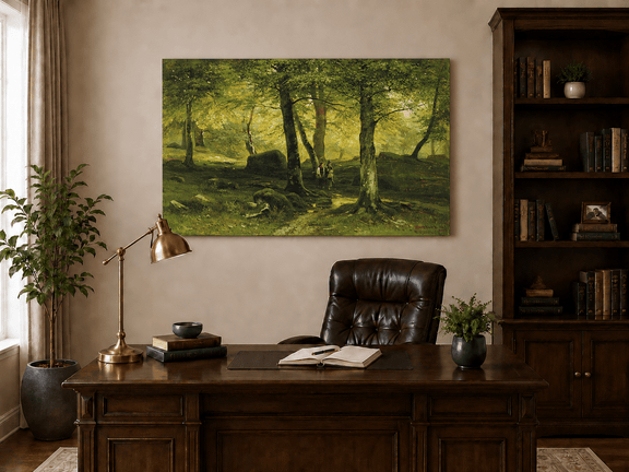 Unframed hand-painted sunlit woodland path oil painting with figures beneath leafy trees displayed above a traditional home office desk.
