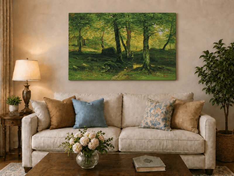 Unframed hand-painted sunlit woodland path oil painting with figures beneath leafy trees displayed above a neutral living room sofa.