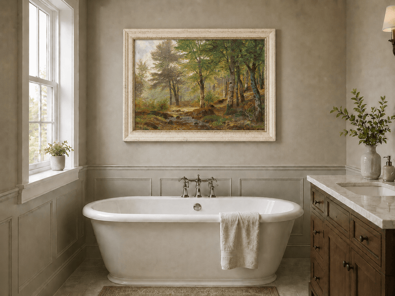 Framed hand-painted sunlit woodland stream oil painting with slender birch trees displayed above a freestanding bathtub.