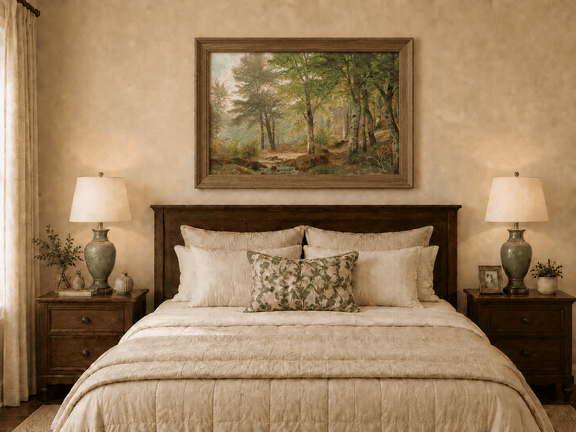 Framed hand-painted sunlit woodland stream oil painting with slender birch trees displayed above a wooden bed in a neutral bedroom.