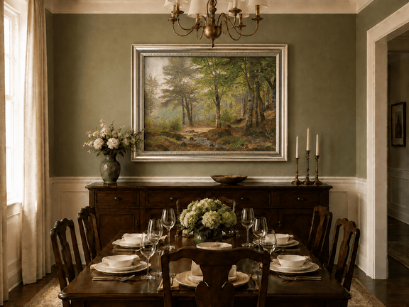 Framed hand-painted sunlit woodland stream oil painting with slender birch trees displayed above a formal dining table.