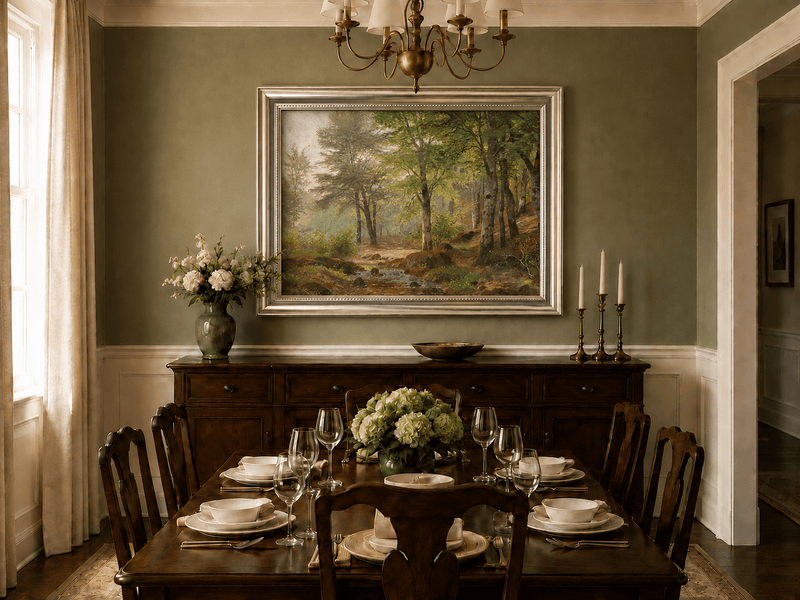 Framed hand-painted sunlit woodland stream oil painting with slender birch trees displayed above a formal dining table.