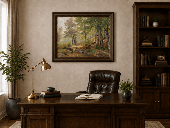 Framed hand-painted sunlit woodland stream oil painting with slender birch trees displayed above a traditional home office desk.