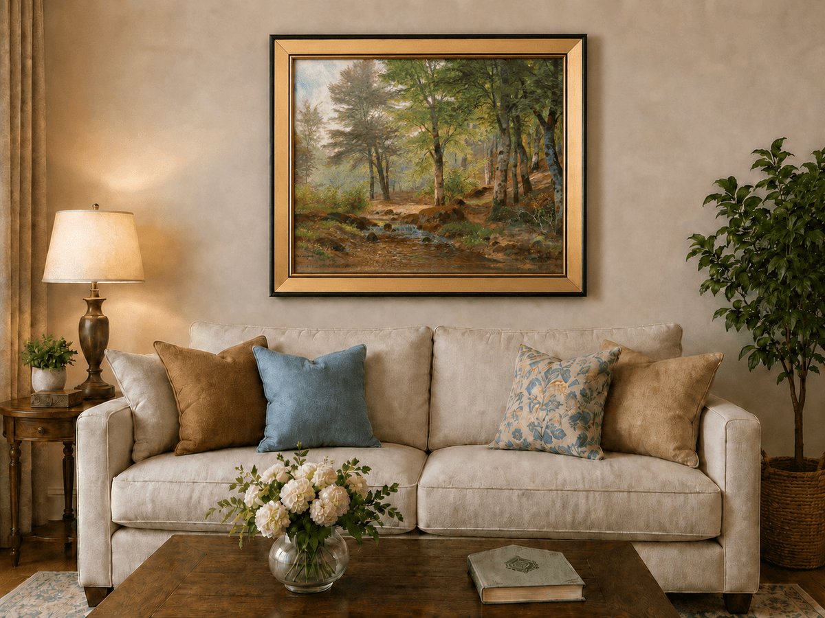 Framed hand-painted sunlit woodland stream oil painting with slender birch trees displayed above a neutral living room sofa.