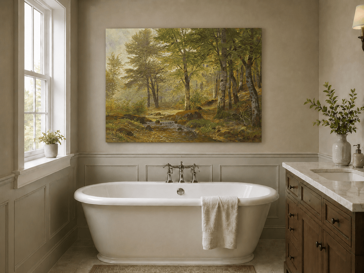 Unframed hand-painted sunlit woodland stream oil painting with slender birch trees displayed above a freestanding bathtub.