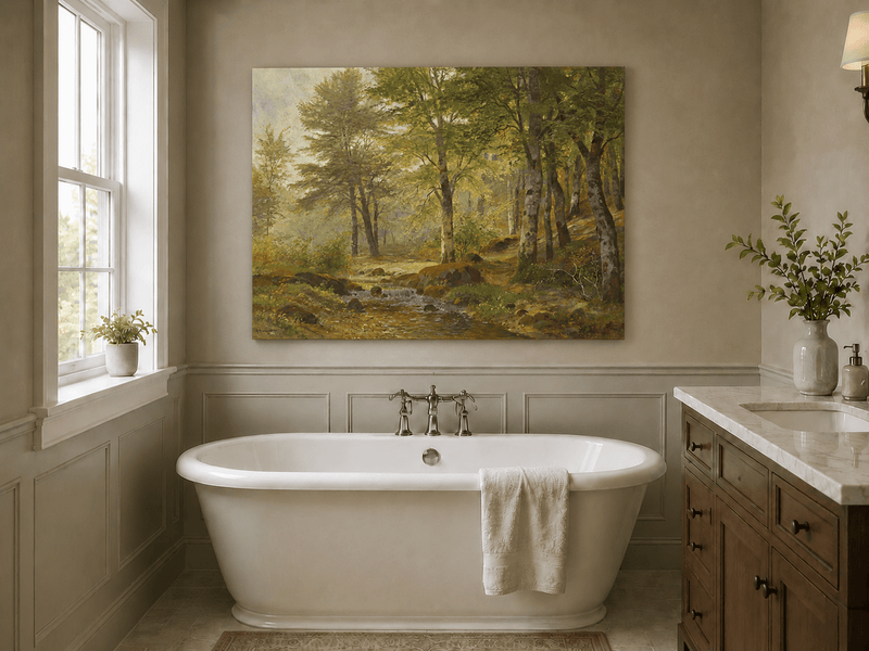 Unframed hand-painted sunlit woodland stream oil painting with slender birch trees displayed above a freestanding bathtub.