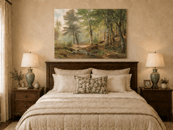 Unframed hand-painted sunlit woodland stream oil painting with slender birch trees displayed above a wooden bed in a neutral bedroom.