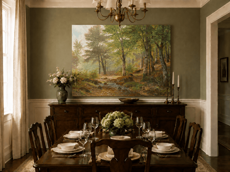 Unframed hand-painted sunlit woodland stream oil painting with slender birch trees displayed above a formal dining table.