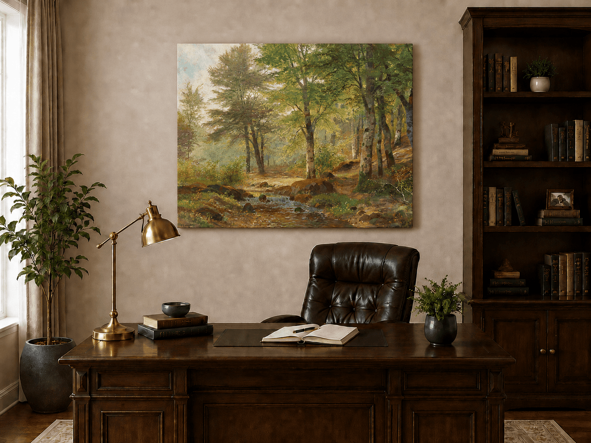 Unframed hand-painted sunlit woodland stream oil painting with slender birch trees displayed above a traditional home office desk.