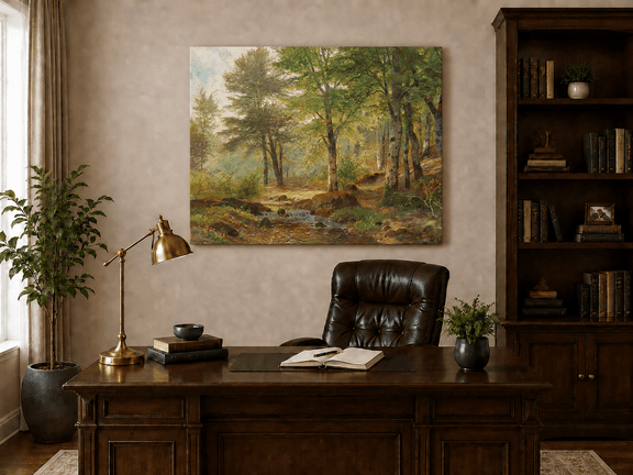 Unframed hand-painted sunlit woodland stream oil painting with slender birch trees displayed above a traditional home office desk.