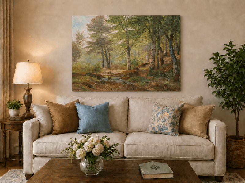 Unframed hand-painted sunlit woodland stream oil painting with slender birch trees displayed above a neutral living room sofa.