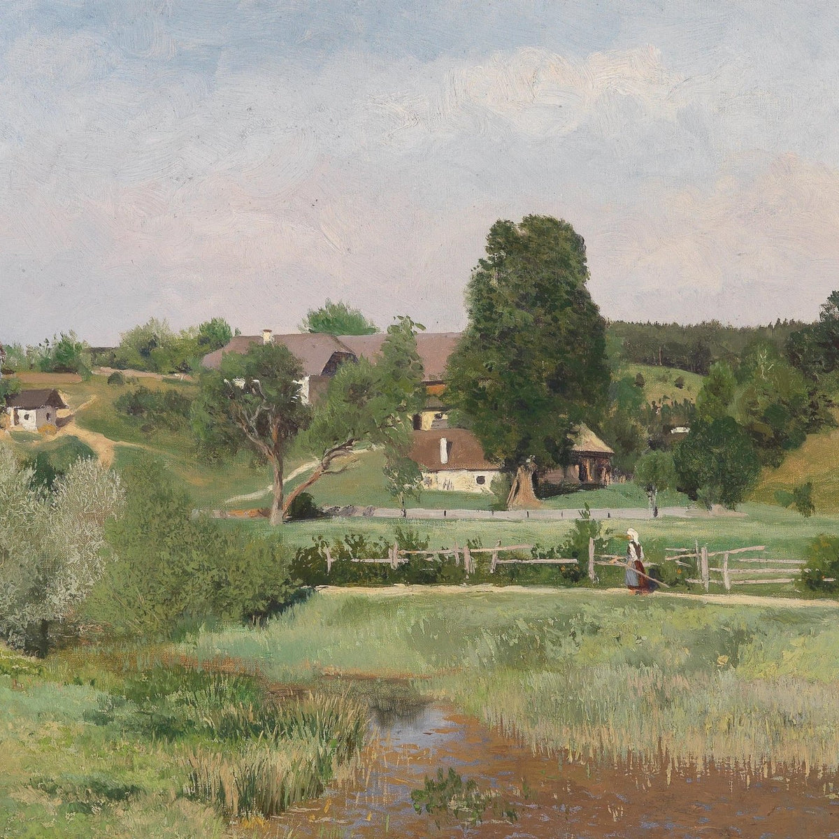 Sunny Countryside Village, Meadow, Farmhouses - Landscape Oil Painting - Oil Painting Haven