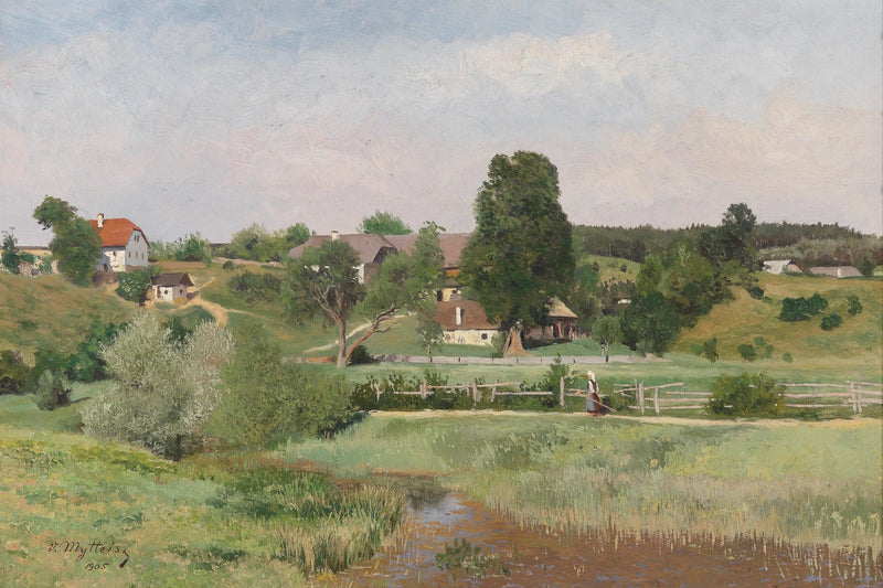 Sunny Countryside Village, Meadow, Farmhouses - Landscape Oil Painting - Oil Painting Haven