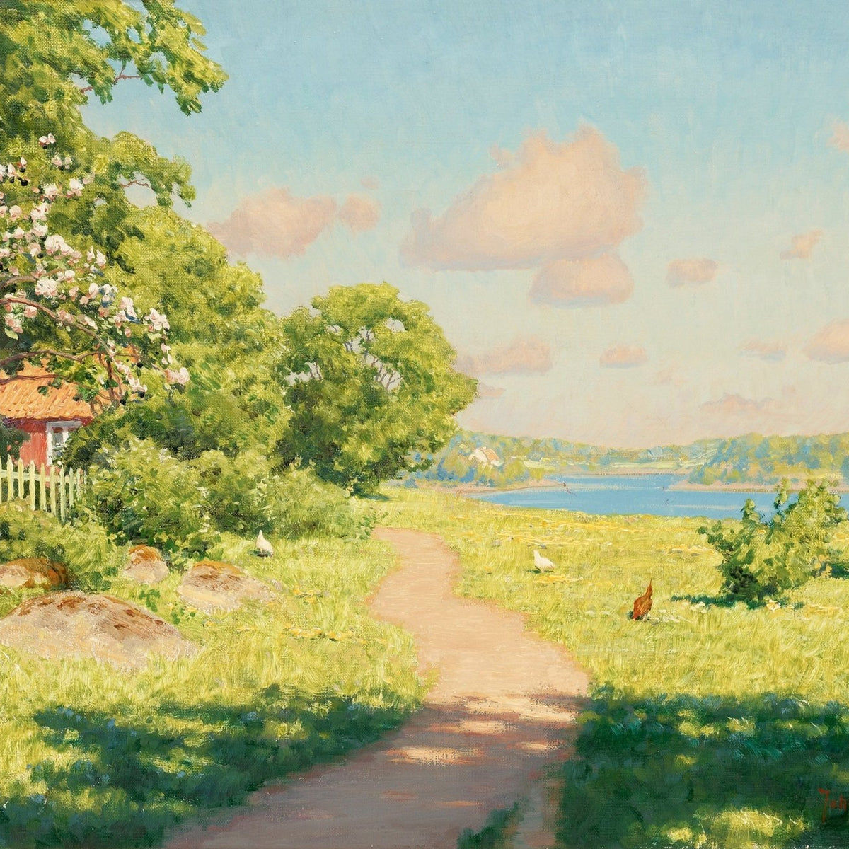 Sunny Garden Path by the Lake – Hand - Painted Landscape Oil Painting - Oil Painting Haven